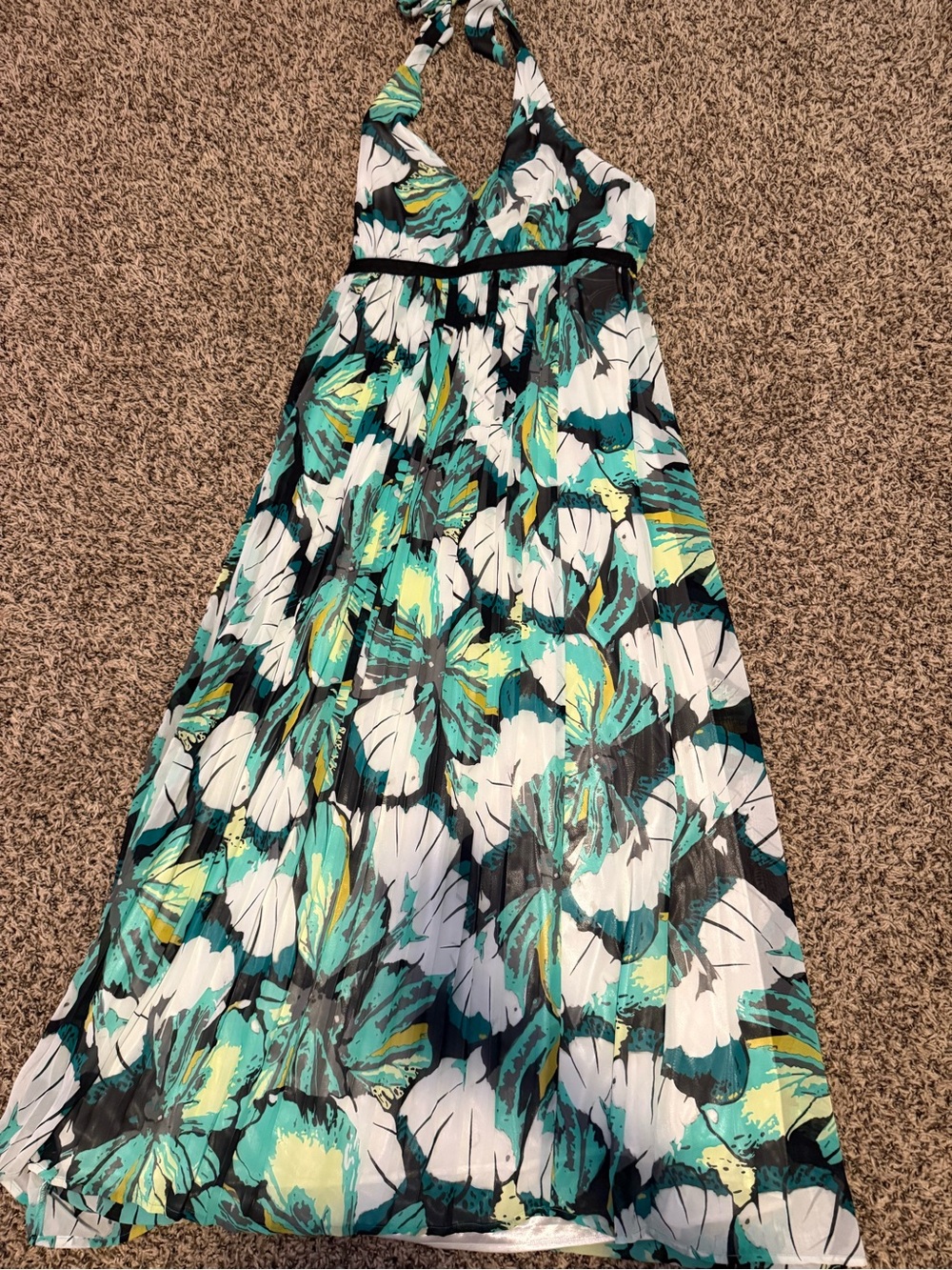 New York & Company Teal, White & Black Floral Halter Maxi Dress